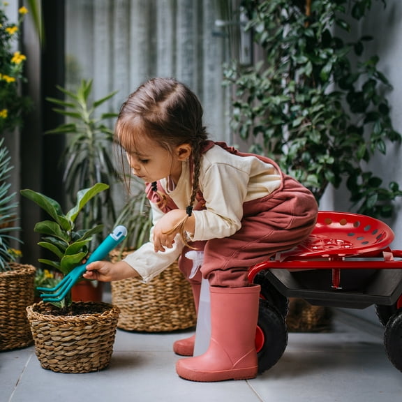 Zimtown Outdoor Garden Cart Gardening Workseat w/Wheels, Rolling Work Seat with Tool Tray & Basket, Length Adjustable Hook Handle, Red