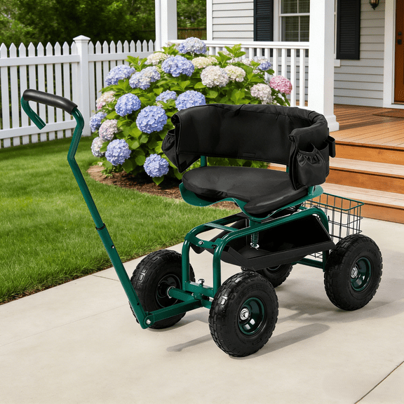 Zimtown Garden Rolling Cart with Seat Work Seat with Wheels, Adjustable Rolling Cart with Tool Storage, for Bad Knees, Green