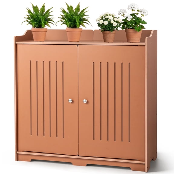 Zimtown Outdoor PVC Storage Box with Ventilated Doors, Brown Waterproof Patio Tool Cabinet for Yard Organization