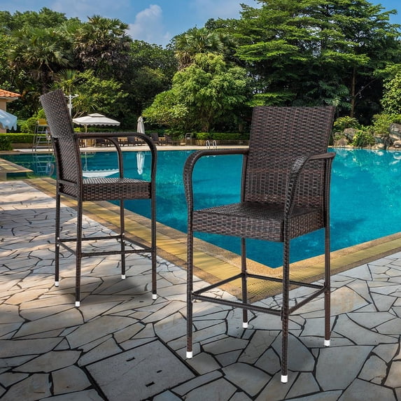 Zimtown Outdoor Patio 2PCS Brown Rattan Bar Chairs Wicker Bar Stools