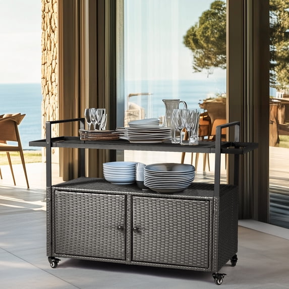 Zimtown Outdoor Patio Ratten Bar Counter Table w/4 Wheel, Water-proof Wicker Bar Table with Handrail & Tempered Glass Top, Storage Cabinet Cart,- Black