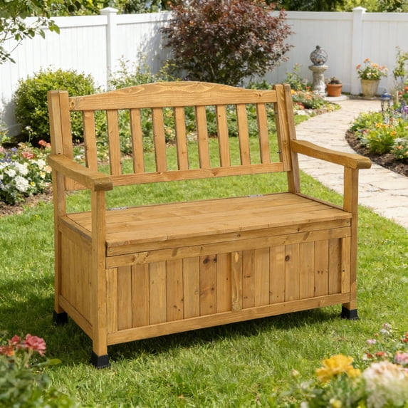 Zimtown 44" Outdoor Wooden Storage Bench with Backrest Armrest, Fir Wood Deck Box for Patio Garden, Two Seater Loveseat, Yellow