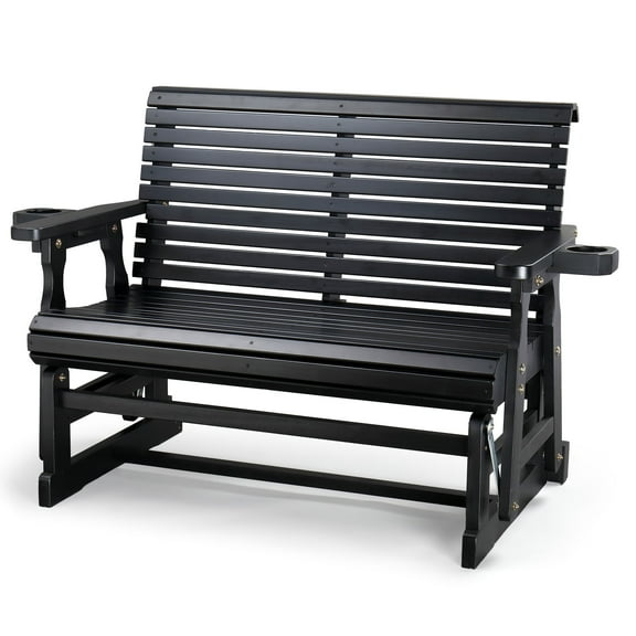 Zimtown Outdoor Swing Glider Chair,2-Person Patio Wooden Glider Bench with Cup Holder, Black