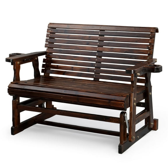 Zimtown Outdoor Swing Glider Chair,2-Person Patio Wooden Glider Bench with Cup Holder, Carbonized Color