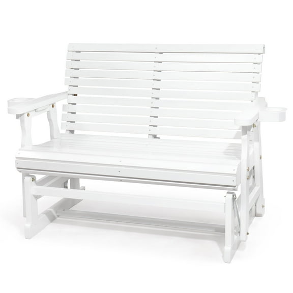 Zimtown Outdoor Swing Glider Chair,2-Person Patio Wooden Glider Bench with Cup Holder, White