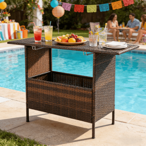 Zimtown Outdoor Wicker Bar Table with 2 Steel Shelves Brown, Patio Bar Table for Storage Function with 2 Tiers