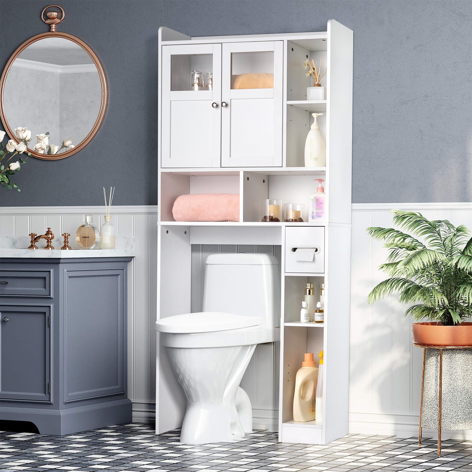 Zimtown Over the Toilet Bathroom Storage Cabinet with 2 Doors and 3 Storage Shelves& Side Storage, White