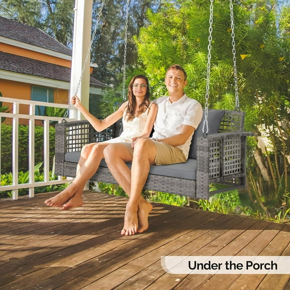 Zimtown Patio Rattn Wicker Swing, Outdoor Bench w/ Grey Cushion, Outdoor Seat Garden Swing for 2 Person