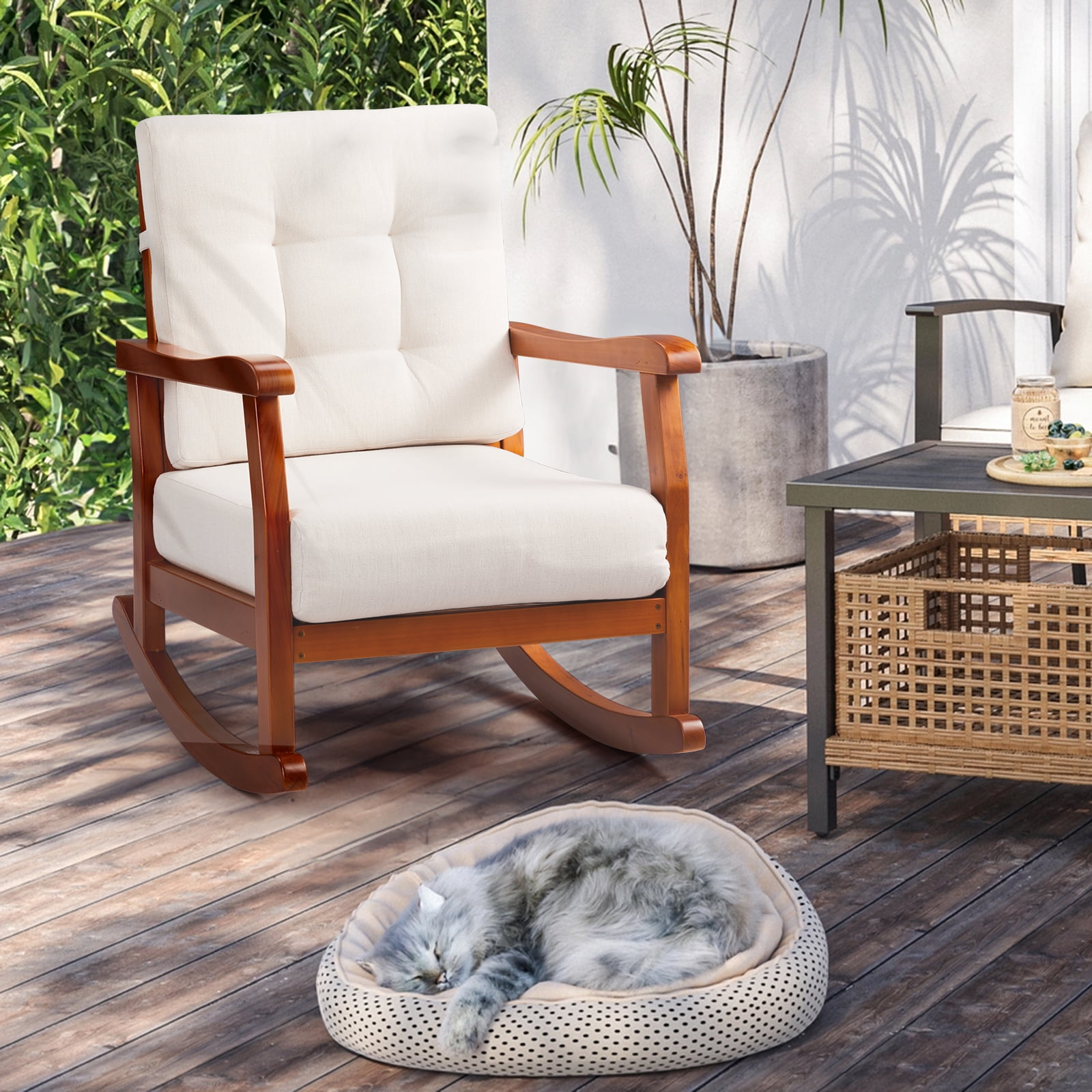 Zimtown Patio Wooden Rocking Chair, Outdoor Rocker with Inclined ...