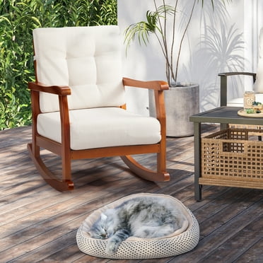 Zimtown Patio Wooden Rocking Chair, Outdoor Rocker with Inclined Backrest, Rocking Chair with Detachable Washable Cushions, Suitable for Outdoor,Indoor,Garden,Porch,Teak Color