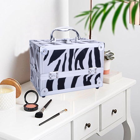 Zimtown Portable Aluminum Cuboid Makeup Storage Case Train Case Bag with Mirror Lock Silver Jewelry Box White Zebra