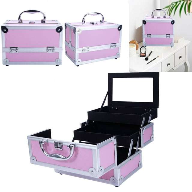 Zimtown Portable Aluminum Makeup Storage Case Train Case Bag with Mirror Lock Silver Jewelry Box Pink