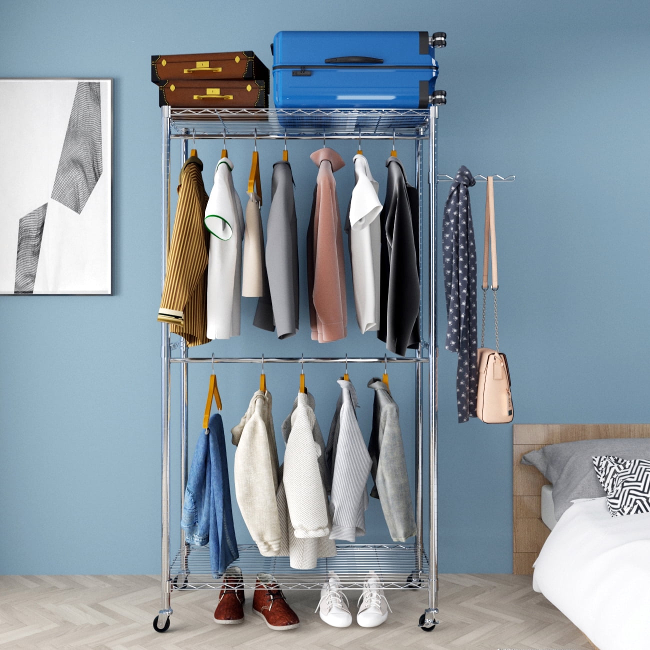 Zimtown Portable Closet System Heavy Duty Garment Rack Rolling Clothing Rack with Double Hanging Clothes Rod Adjustable Shelves Organizer Silver