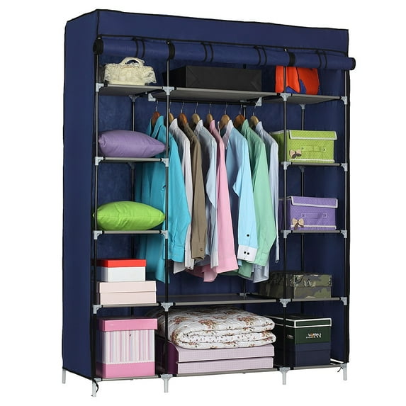 Zimtown Portable Closet Wardrobe with 5 Layers, 12 Grids, 1 Hanging Rod, Dark Blue Cloth Cover