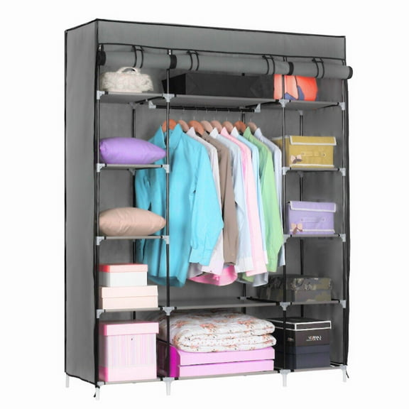 Zimtown Portable Closet Wardrobe with 5 Layers, 12 Grids, 1 Hanging Rod, Grey Cloth Cover