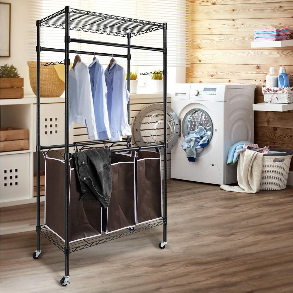 Zimtown Portable Garment Rack with Wheels Heavy Duty Clothes Rack with Laundry Hamper Sorter Center Freestanding Closet System Storage Organizer