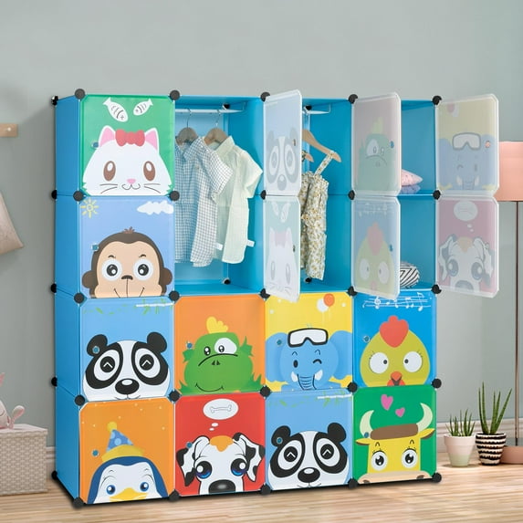 Zimtown Portable Wardrobe Closet, 16 Cube Kids Children Toy Clothes Bookshelf Plastic Storage Organzier, Blue