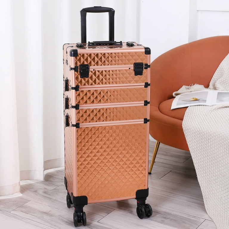 Zimtown Professional 4 in1 Aluminum Rolling Cosmetic Makeup Train Case  Trolley, Rose Gold
