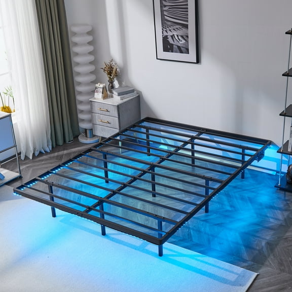Zimtown Queen 14" Floating Bed Frame with USB Charging and LED Lights, Metal Platform Bed, Black