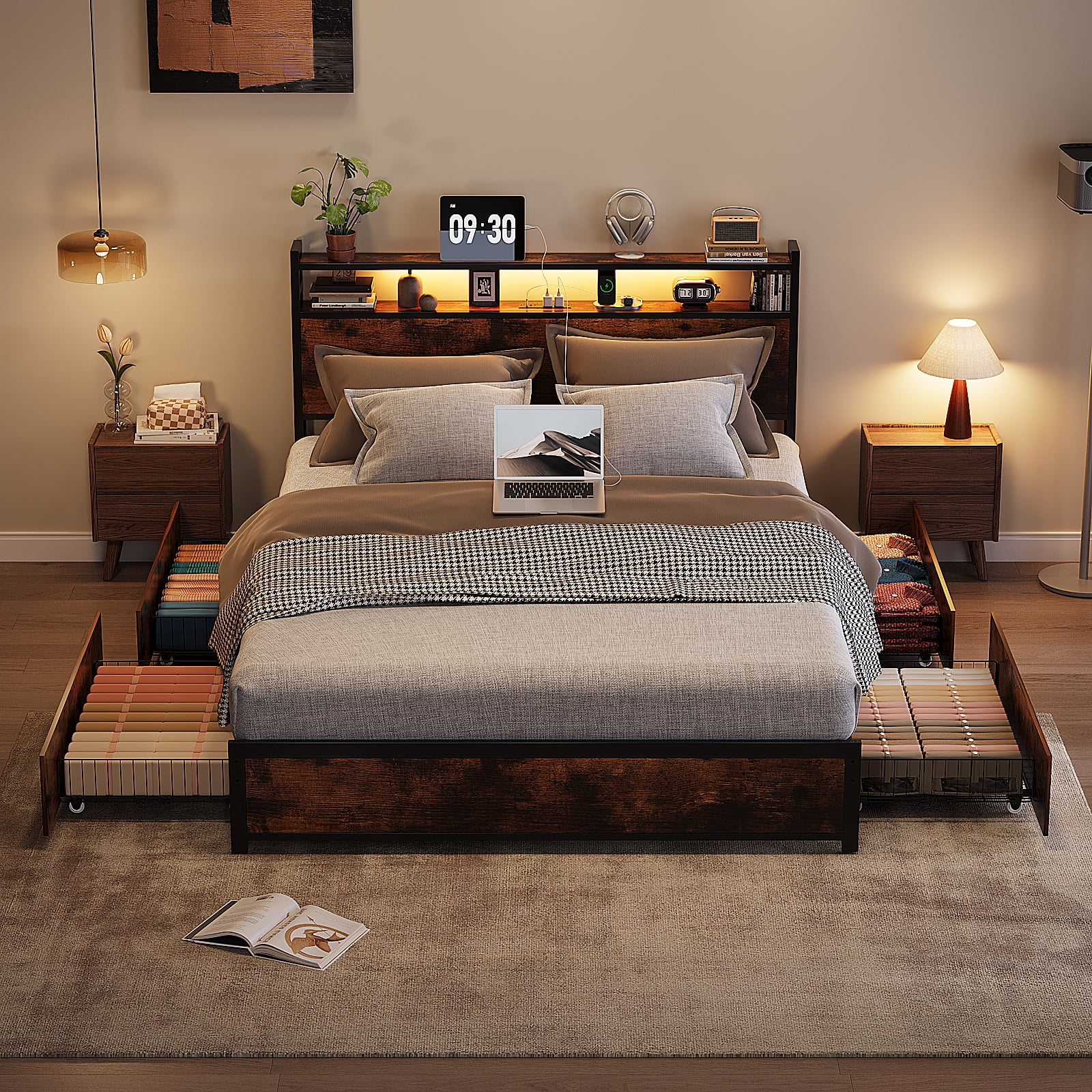 Zimtown Queen Bed Frame with 2-Tier Storage Headboard, Metal Platform Bed Frame with 4 Storage Drawers, Built in Charging Station & LED, Vintage Brown