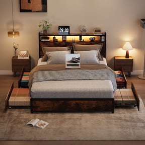 Zimtown Queen Bed Frame with 2-Tier Storage Headboard, Metal Platform Bed Frame with 4 Storage Drawers, Built in Charging Station & LED, Vintage Brown