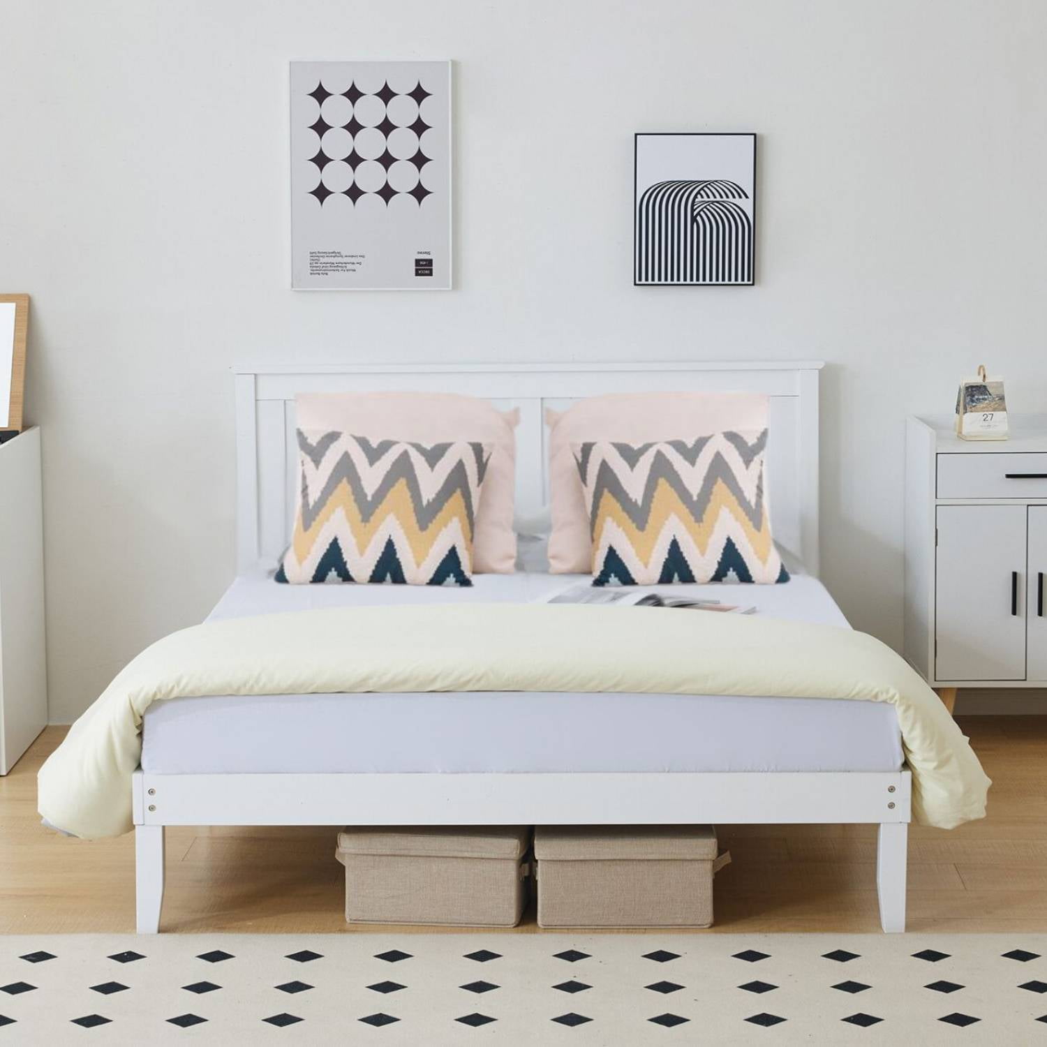 Zimtown Queen Bed Frame,Solid Pine Wood Queen Platform Bed, White ...