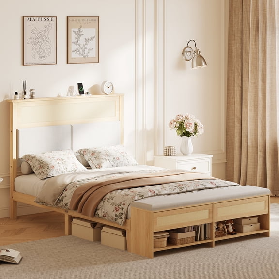 Zimtown Queen Bed Frame with Storage Ottoman, Wood Bed Frame with Upholstered Headboard, Sturdy Slat Support, No Box Spring Needed, Natural Wood Color
