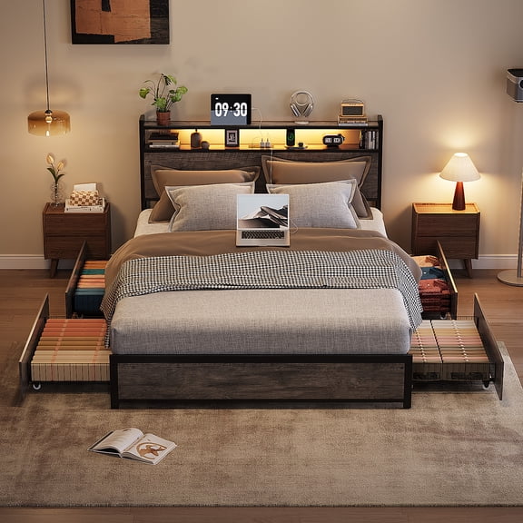 Zimtown Queen Bed Frame with 2-Tier Storage Headboard, Metal Platform Bed Frame with 4 Storage Drawers, Built in Charging Station & LED, Gray