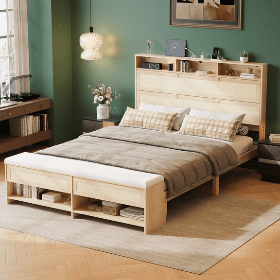 Zimtown Queen Boho Wood Bed Frame with Storage, Natural Rattan 3-Tier Shelf Hidden Headboard, Footboard Bench & Power Outlets, No Box Spring Needed