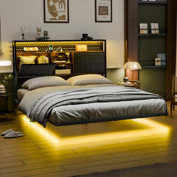 Zimtown Queen Floating Bed Frame with Storage Headboard and LED Lights, Upholstered Platform Bed with Charging Station, Black