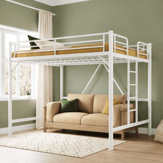 Zimtown Queen Size Loft Bed with Reversible Ladder, Metal Bed Frame for Adults, Guardrails, Space-Saving, Cloud White