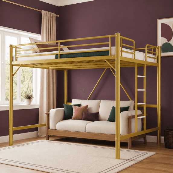 Zimtown Queen Size Loft Bed with Reversible Ladder, Metal Bed Frame for Adults, Guardrails, Space-Saving, Gold