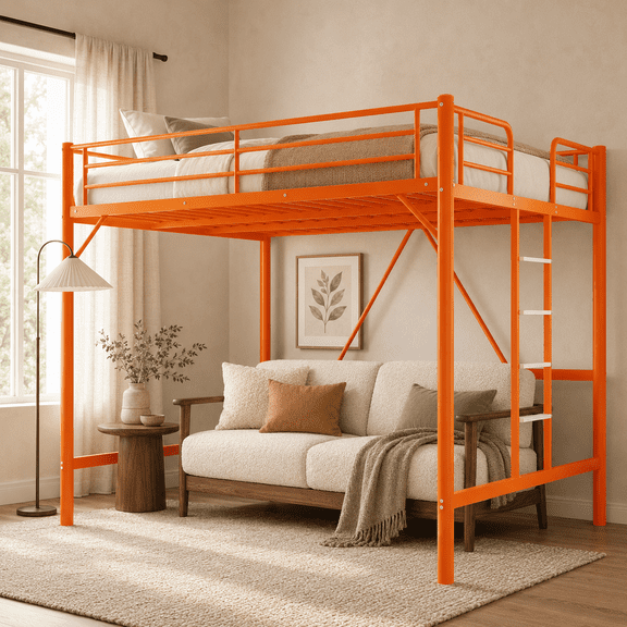 Zimtown Queen Size Loft Bed with Reversible Ladder, Metal Bed Frame for Adults, Guardrails, Space-Saving, Orange