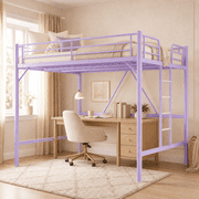 Zimtown Queen Size Loft Bed with Reversible Ladder, Metal Bed Frame for Adults, Guardrails, Space-Saving, Purple