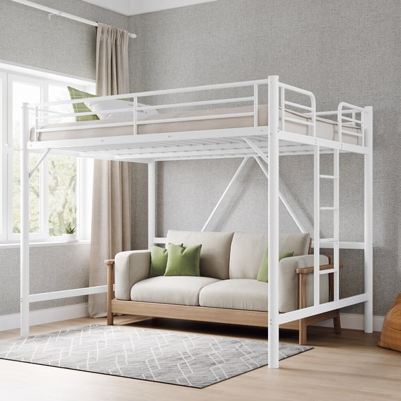 Zimtown Queen Size Loft Bed with Reversible Ladder, Metal Bed Frame for Adults, Guardrails, Space-Saving, White