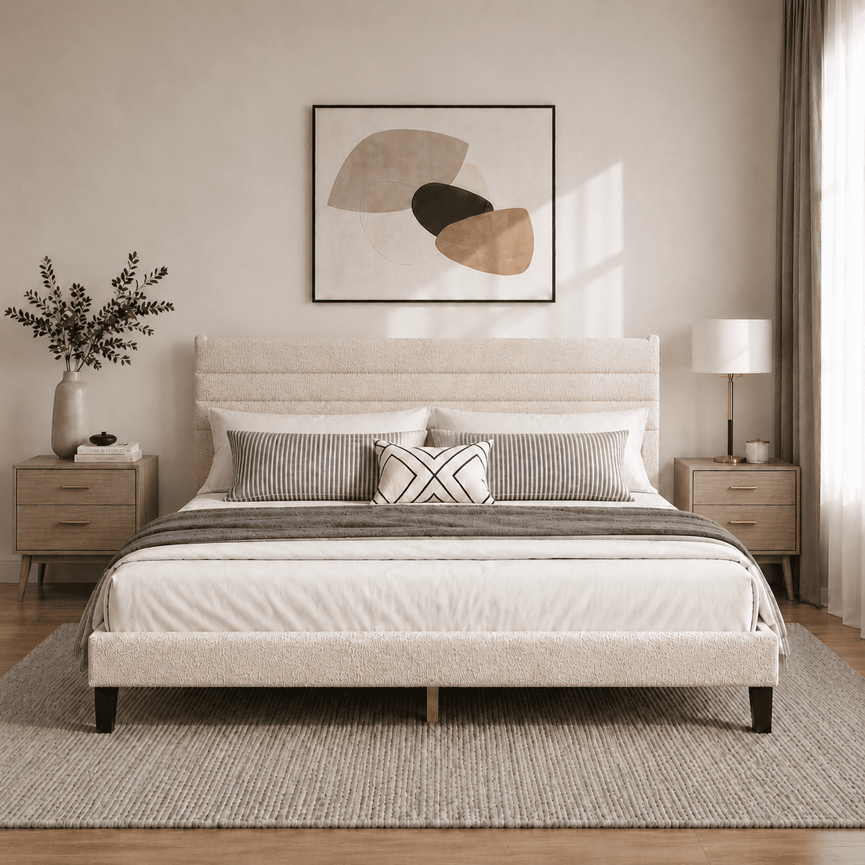 Zimtown Queen Platform Upholstered Bed Frame with Soft Adjustable Headboard, Wooden Mattress Foundation,No Box Spring Needed, Beige