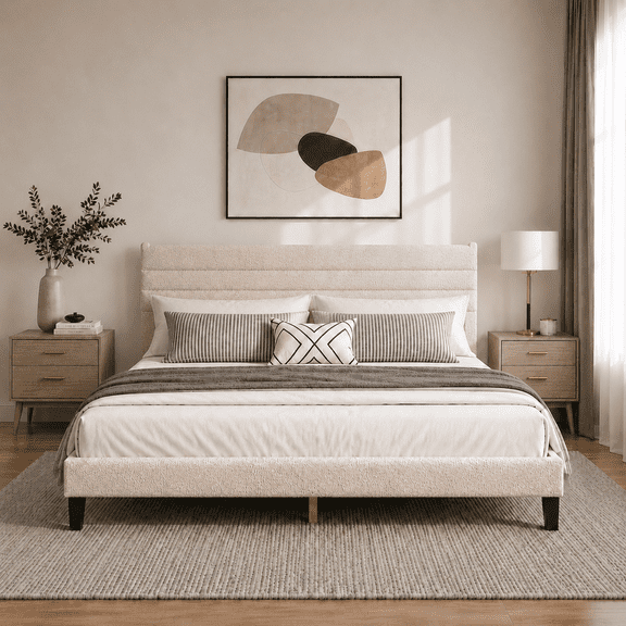 Zimtown Queen Platform Upholstered Bed Frame with Soft Adjustable Headboard, Wooden Mattress Foundation,No Box Spring Needed, Beige