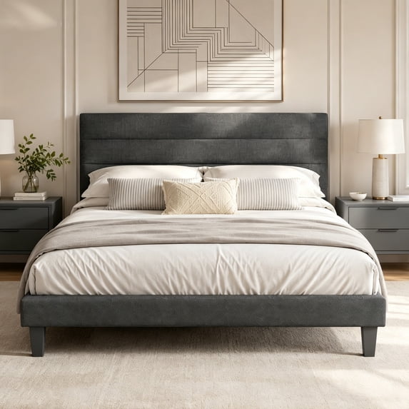 Zimtown Queen Platform Upholstered Bed Frame with Soft Adjustable Headboard, Wooden Mattress Foundation,No Box Spring Needed, Dark Gray