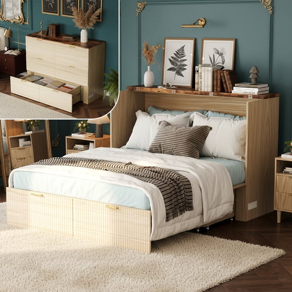 Zimtown Queen Size Murphy Bed with Storage Drawer, Space-Saving Foldable Cabinet Bed Frame, Wood Color