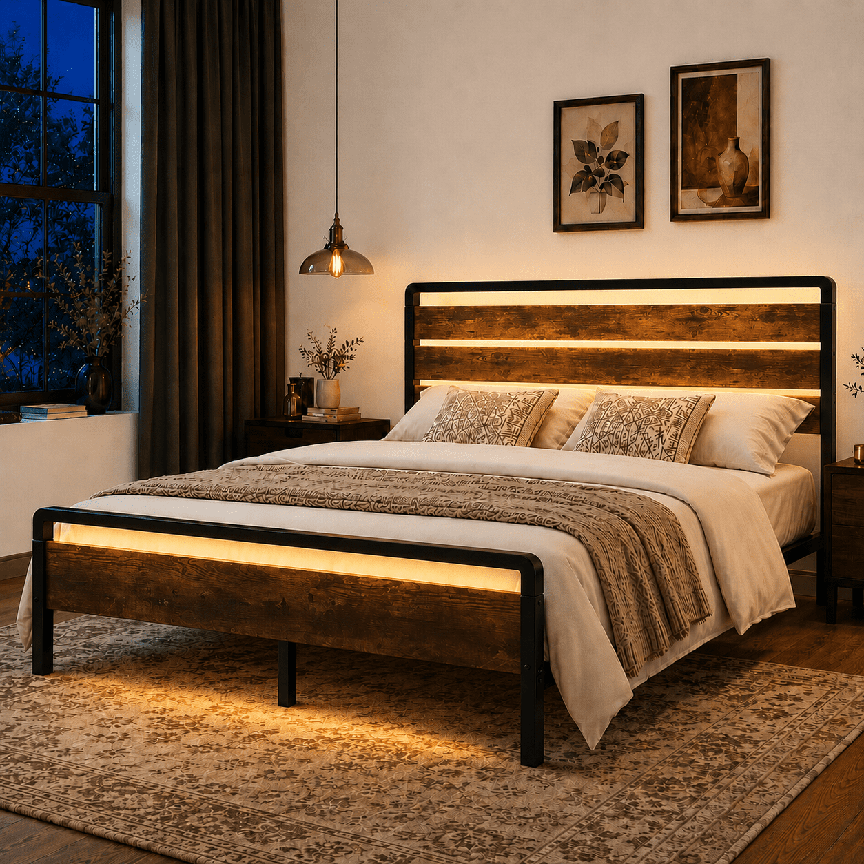 Zimtown Queen Platform Bed Frame with 12-Inch Under-Bed Storage, LED Lighted Headboard & Footboard, Modern Apartment Bedroom,Rustic Brown