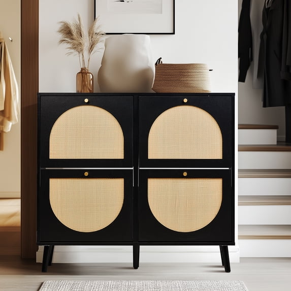 Zimtown Rattan Shoe Cabinet 2 Rows 4 Drawers, Holds 24 Pairs, Adjustable Shelves for Entrance Hallway, Black