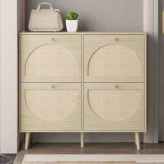 Zimtown Rattan Shoe Cabinet 2 Rows 4 Drawers, Holds 24 Pairs, Adjustable Shelves for Entrance Hallway, Natural