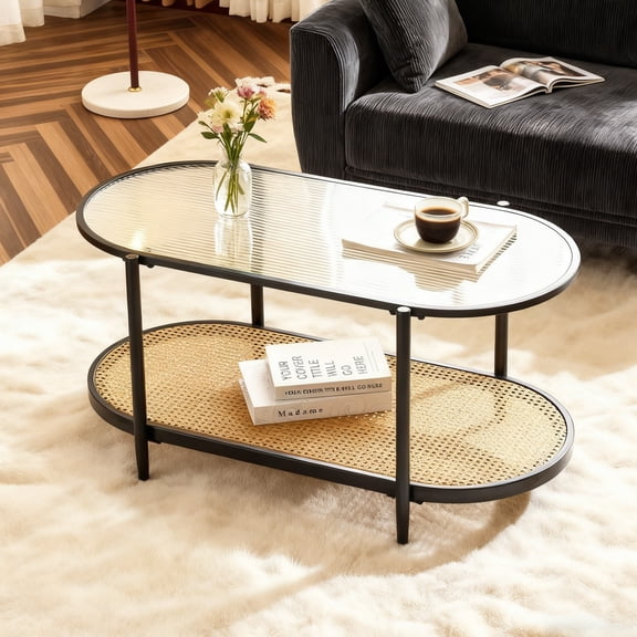 Zimtown Rustic Coffee Table, Oval Shape Glass Coffee Table with 2 Tier Storage Shelf & Tempered Glass Tabletop for Small Space, Living Room, Black
