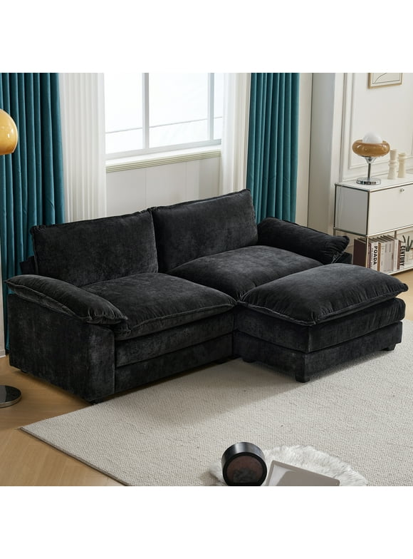 Zimtown Sectional Sofa with Ottoman, L Shaped Convertible Couch with Removable Chaise Chenille Fabric Sofa Set for 3-4 Persons Living Room Furniture Black