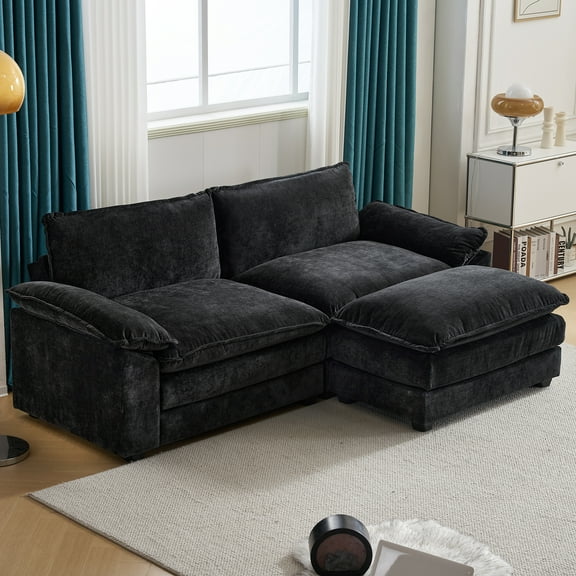 Zimtown Sectional Sofa with Ottoman, L Shaped Convertible Couch with Removable Chaise Chenille Fabric Sofa Set for 3-4 Persons Living Room Furniture Black