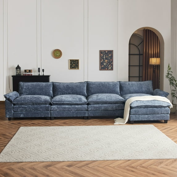 Zimtown Sectional Sofa with Ottoman, L Shaped Convertible Couch with Removable Chaise Chenille Fabric Sofa Set for 6-8 Persons Living Room Furniture Gray-Blue