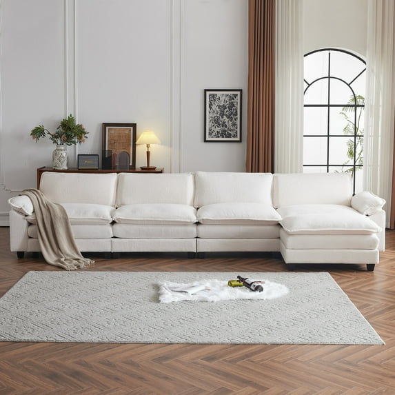 Zimtown Sectional Sofa with Ottoman, L Shaped Convertible Couch with Removable Chaise Teddy Velvet Fabric Sofa Set for 6-8 Persons Living Room Furniture Teddy White