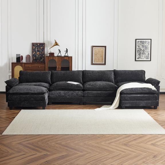 Zimtown Sectional Sofa with Ottoman, U Shaped Convertible Couch with Removable Chaise Chenille Fabric Sofa Set for 6-8 Persons Living Room Furniture Black