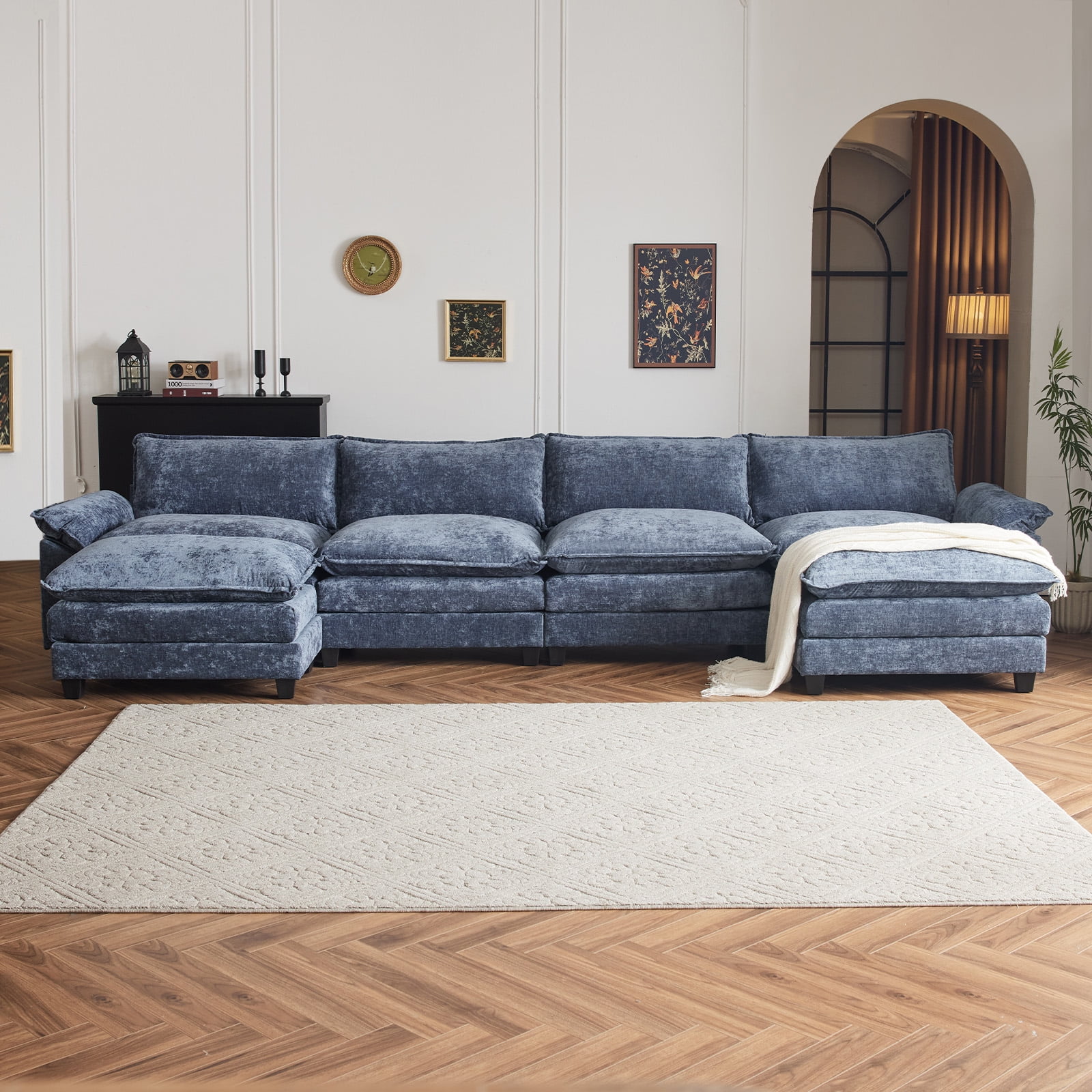 Zimtown Sectional Sofa with Ottoman, U Shaped Convertible Couch with Removable Chaise Chenille Fabric Sofa Set for 6-8 Persons Living Room Furniture Gray-Blue