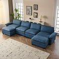 thumbnail image 1 of Zimtown Sectional U-Shaped Sofa with Ottoman, 6-8 Person Living Room Couch, 4 Seater and 2 Ottoman, Double-Layered Burlap, Blue, 1 of 11